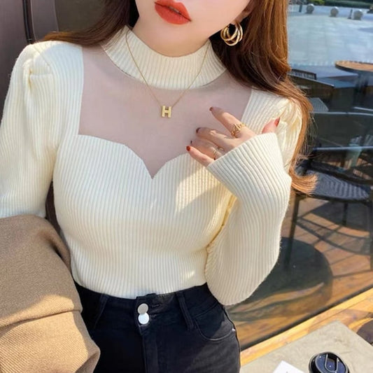 【tops】韓国風3色ハーフネック長袖レース切り替え着回しニットセーターF4418