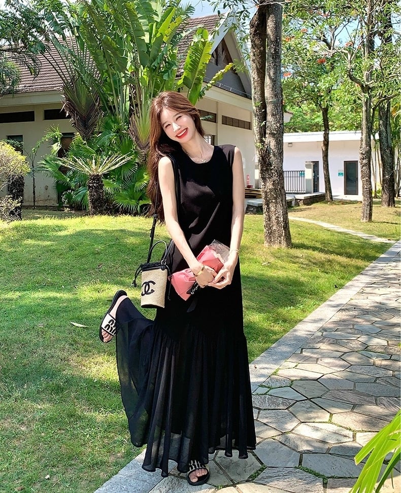【dress】チュールドッキングロングワンピース　K0554