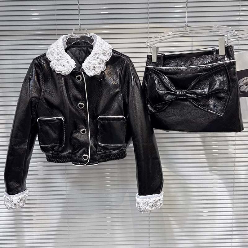 【outer】レースドッキングPU中綿ジャケット Q7336