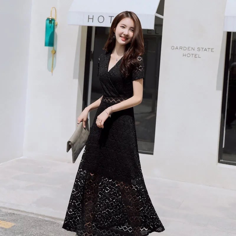 【dress】今季トレンドレース着痩せハイウエストAライン透かし彫り無地ワンピースF0117