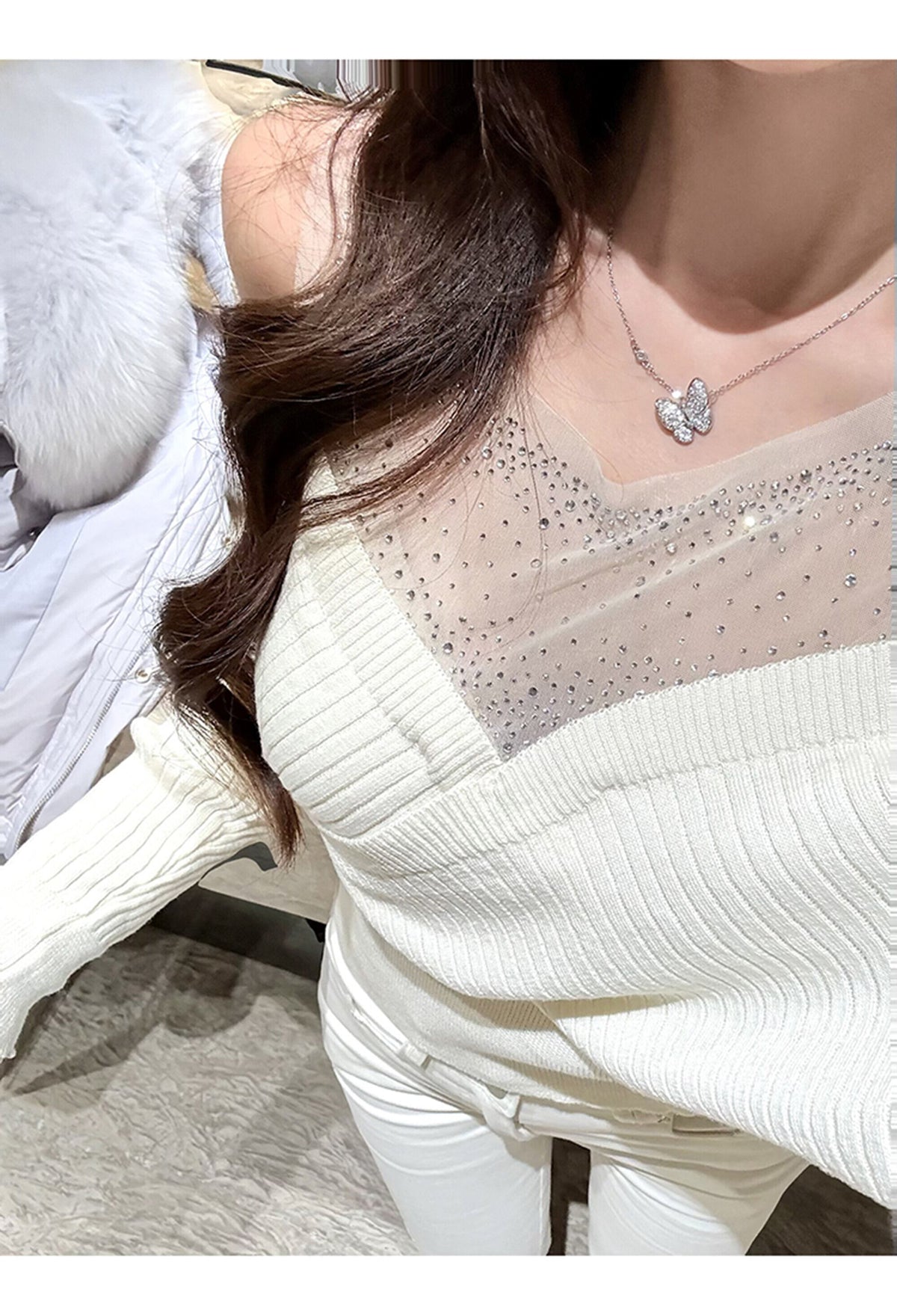 【tops】ラインストーンチュールレイヤードオフショルニット　N3507