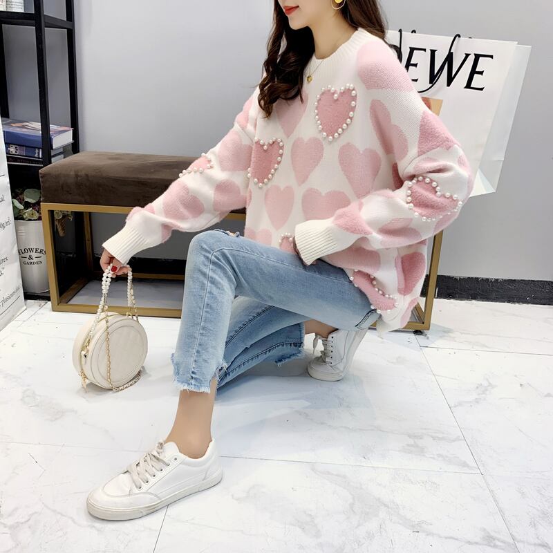 【tops】必ず目を引く2色ラウンドネック長袖ハート柄配色ゆったりビーズ飾りニットセーターF0682