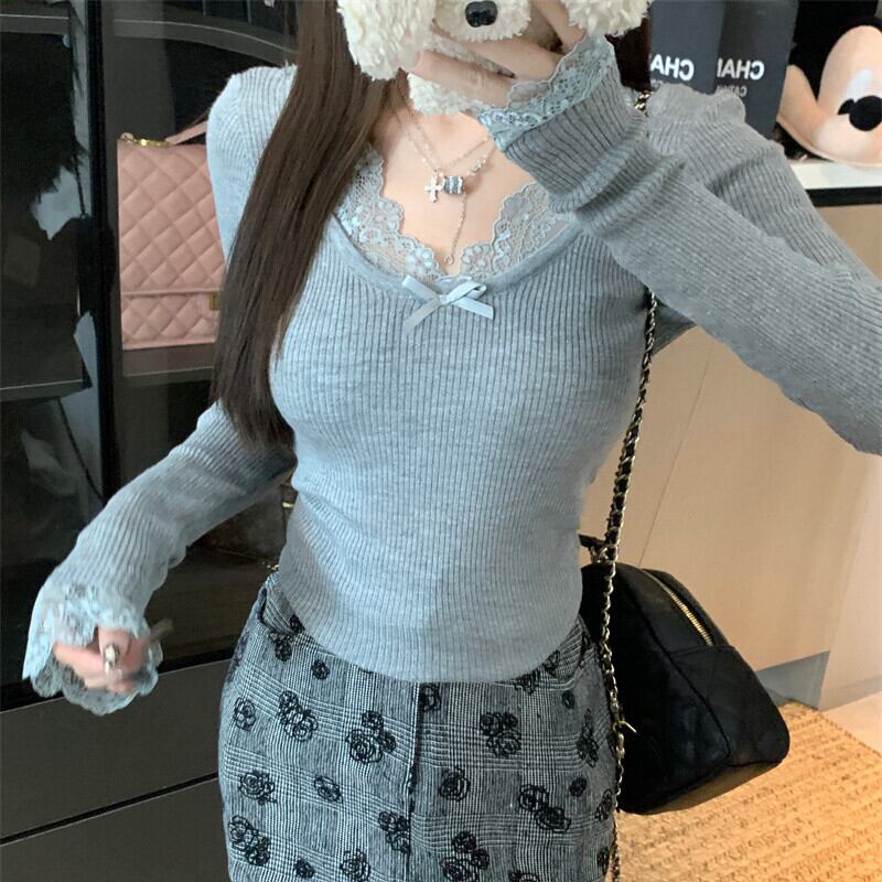 【tops】レースドッキングニットトップス　N2897