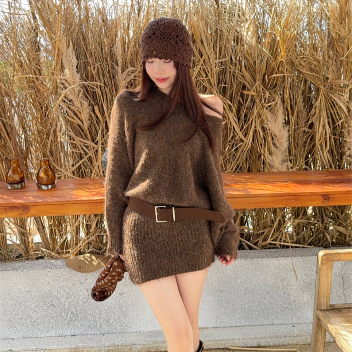 【dress】オフショルニットミニワンピース　N3359