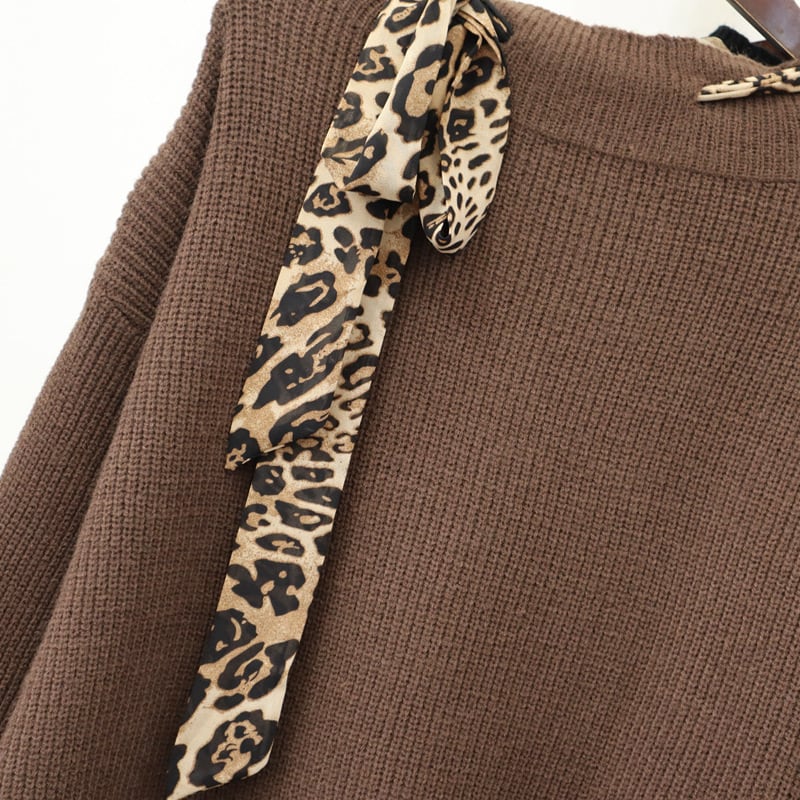 【tops】ヒョウ柄ボウタイニットトップス　M26760