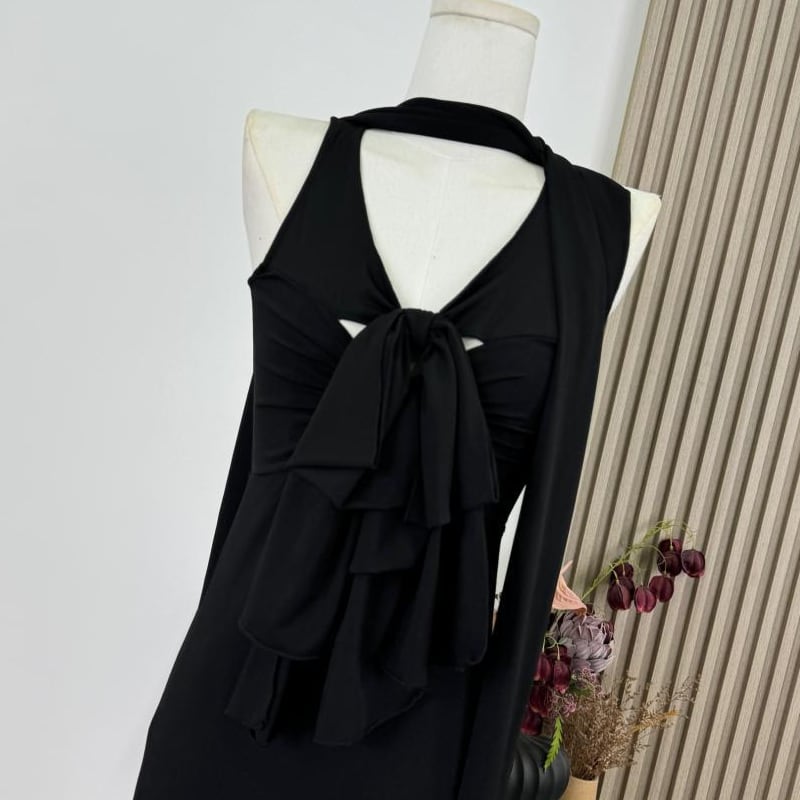 【dress】スカーフ付きノースリーブリボンロングワンピース Q7817