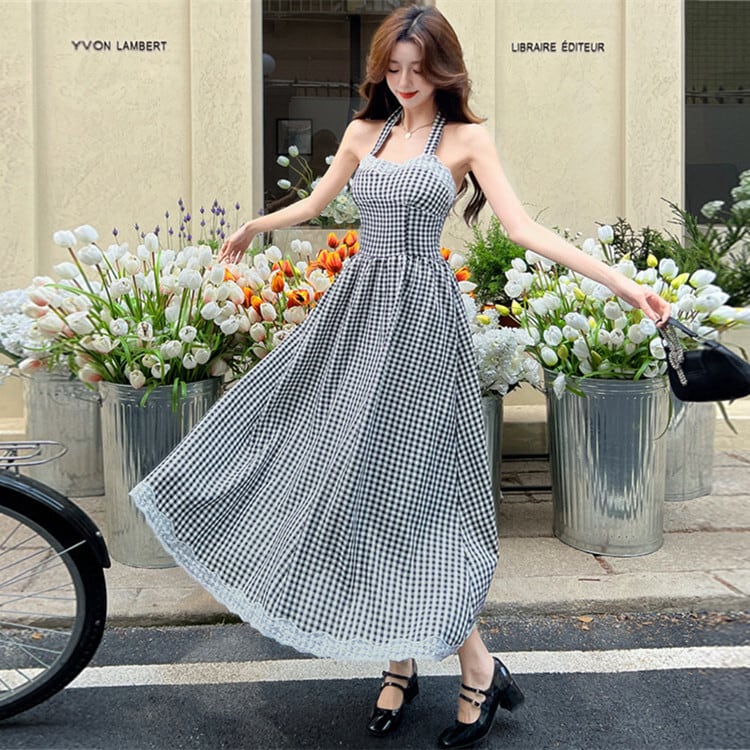 【dress】レース切り替えホルターネックワンピース　M29995