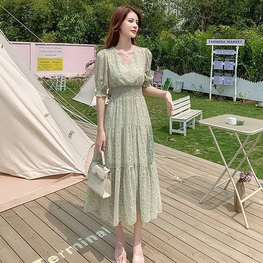 【dress】ファッションend清新！ウィートシフォン森ガール着痩せ花柄ワンピース