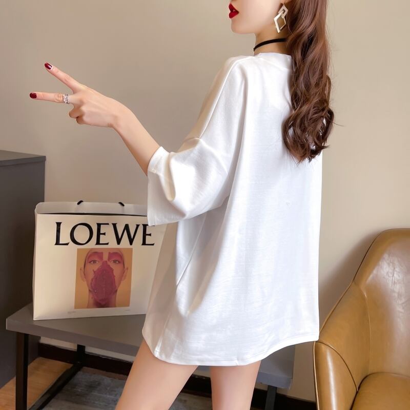 【tops】ラウンドネック半袖ゆったり着回し英字柄配色TシャツF0054