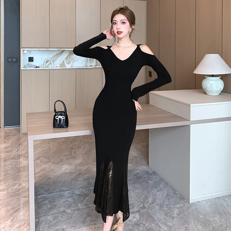 【dress】レースドッキングニットワンピース　M28023