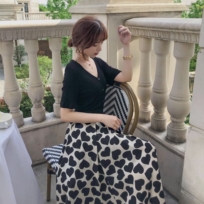 【bottoms】ハート柄Aライン花柄レディースファッションOL通勤ミッドウエストスカート