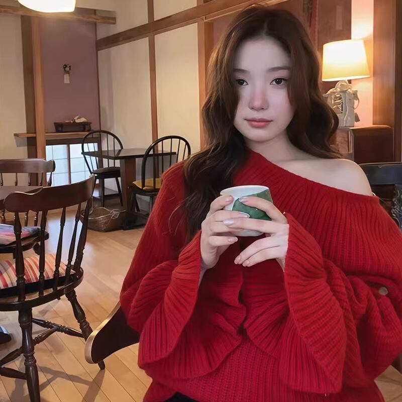【tops】オフショルダーラペルニットトップス Q7643