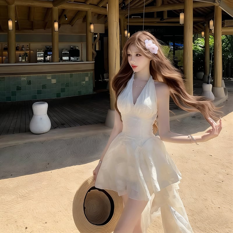【dress】ホルターネックレースイレヘムワンピース Q8412
