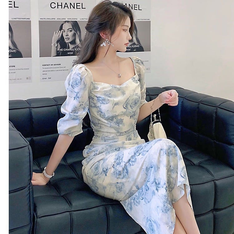 【dress】細身効果抜群♪スクエアネック5分袖花柄配色スリット韓国ファッションギャザーワンピースF2797