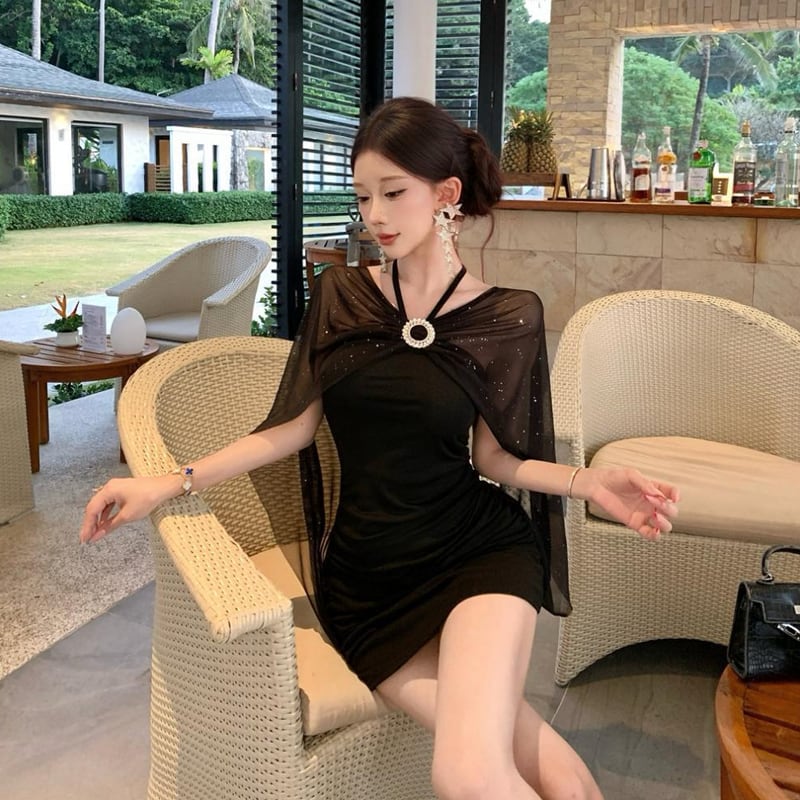 【dress】チュールドッキングホルターネックタイトワンピース Q8185