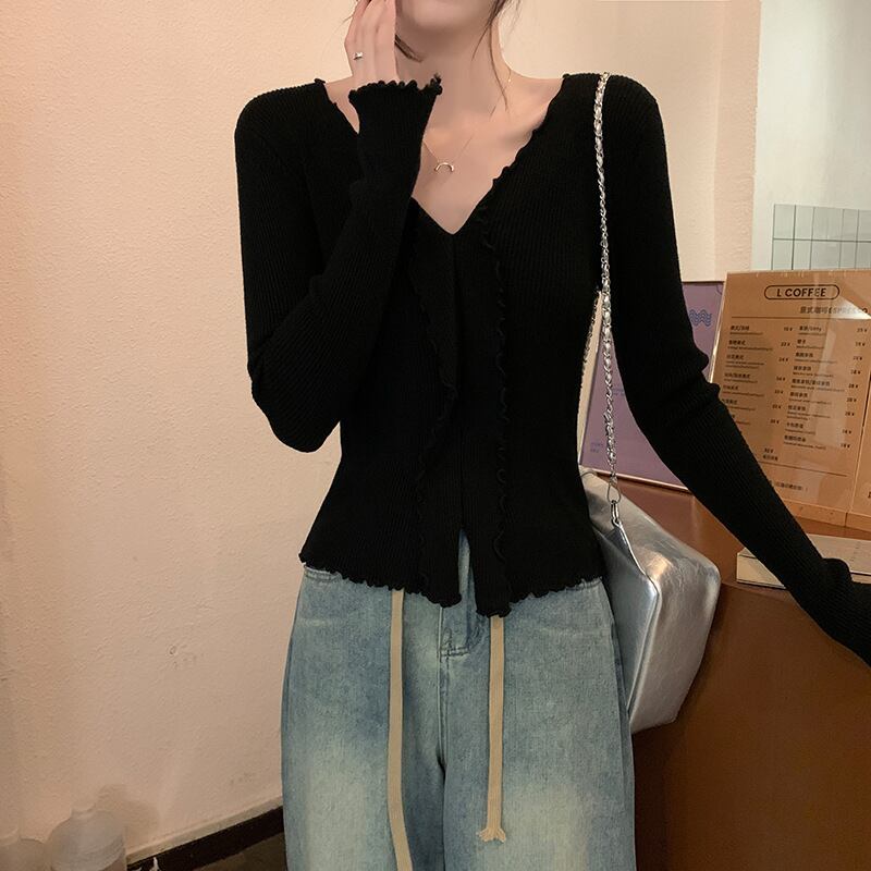 【tops】Vネックフリルニットトップス　M18839