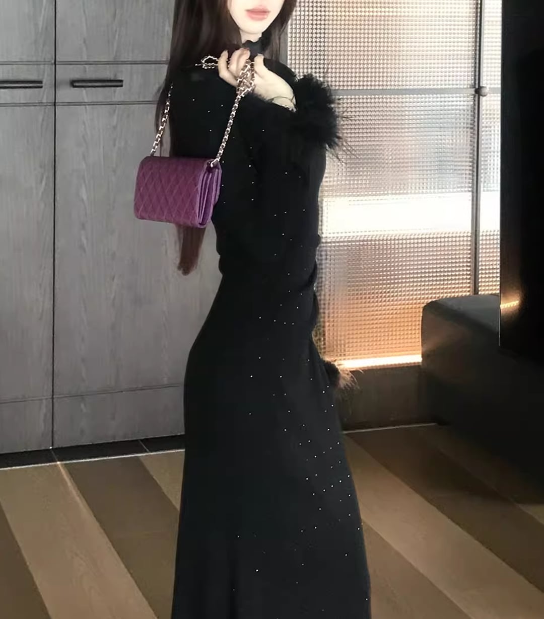 【dress】袖ファーチュールドッキングニットワンピース Q7559