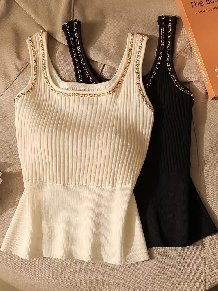 【tops】UネックノースリーブニットタンクトップF7314