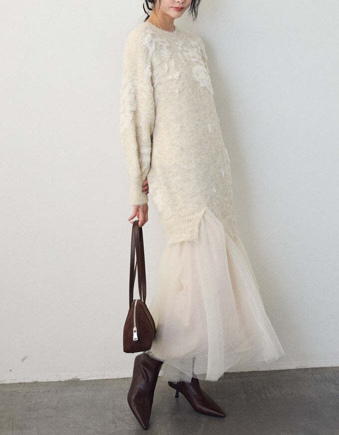 【dress】チュールドッキングロングニットワンピース Q7839