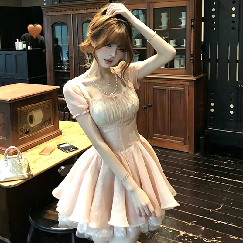 【dress】レースドッキングフレアワンピース Q8470