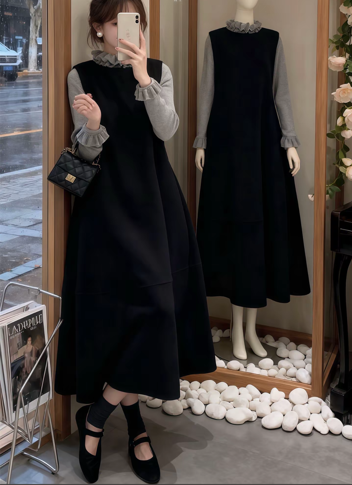 【set】フリルニットトップス×ノースリーブワンピースセット　N3434