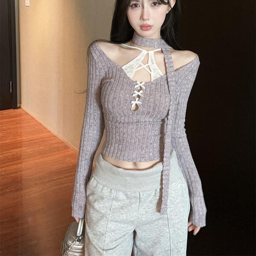 【tops】レース切り替え長袖Tシャツ　M28397