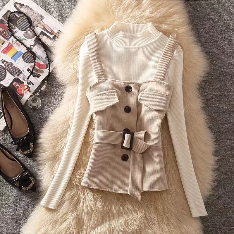 【set】3点セットウェスト絞りベスト+無地セーター+体型カバースカート通勤日常秋冬新作セットアップF1292