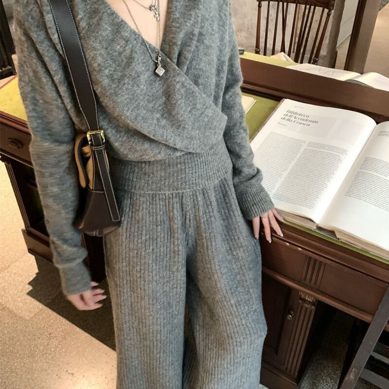 【set】クロスネックニットトップス×ワイドパンツセット Q7375