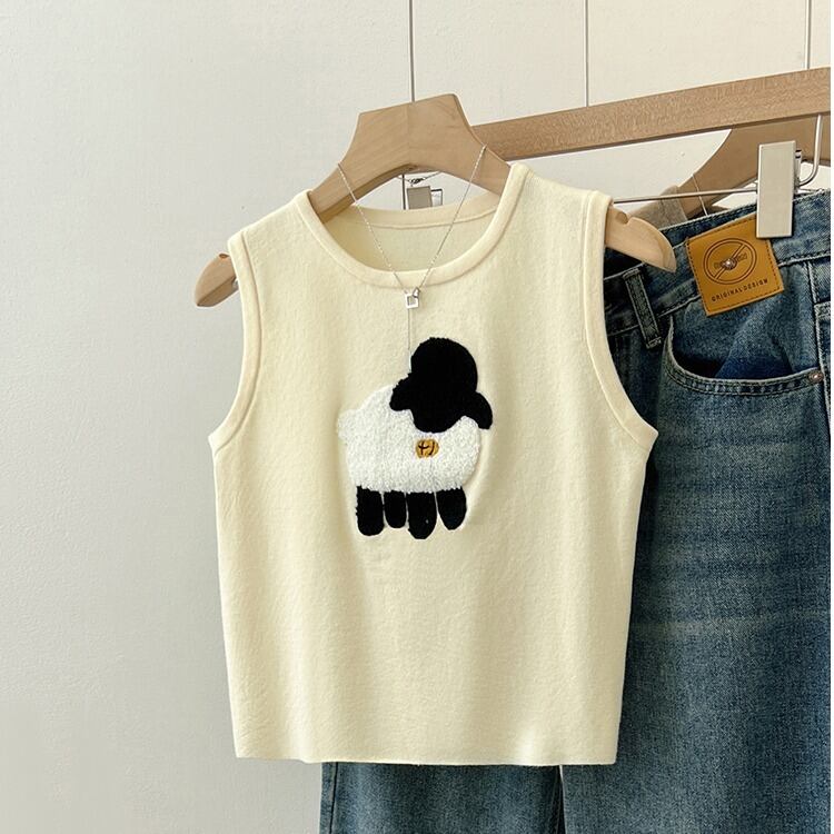 【tops】ラウンドネック動物柄ニットタンクトップF7303