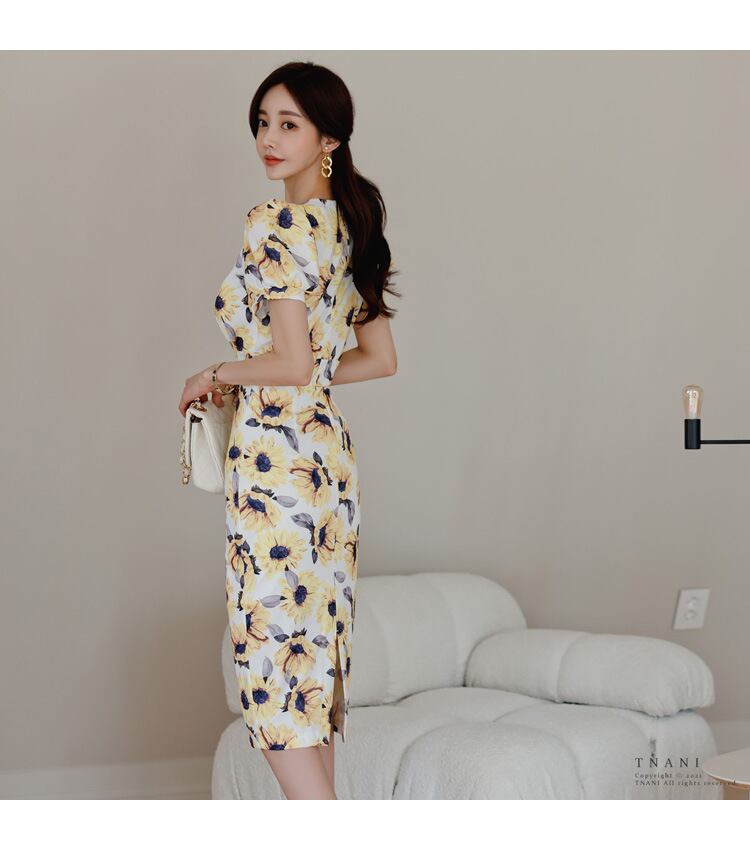 【dress】Vネック花柄パフスリーブワンピース G21005