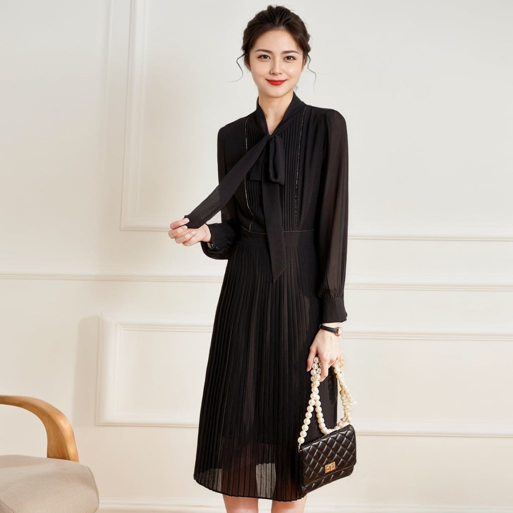 【dress】プリーツリボン付きワンピース　M29679