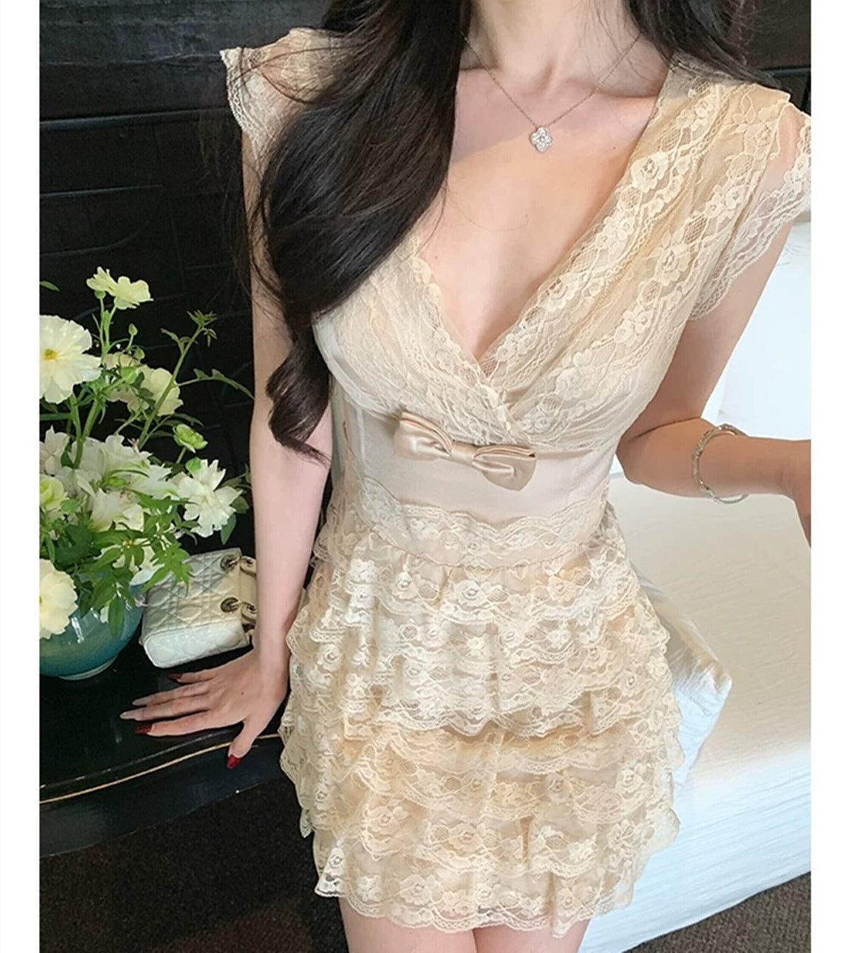 【dress】リボン付きティアードミニワンピース　N3556