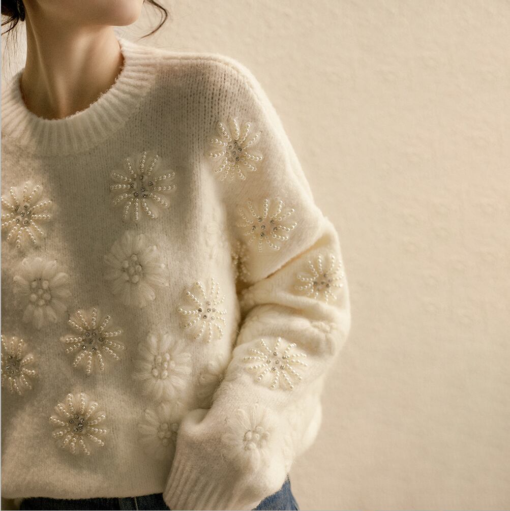 【tops】立体フラワーパールニットトップス　N2807