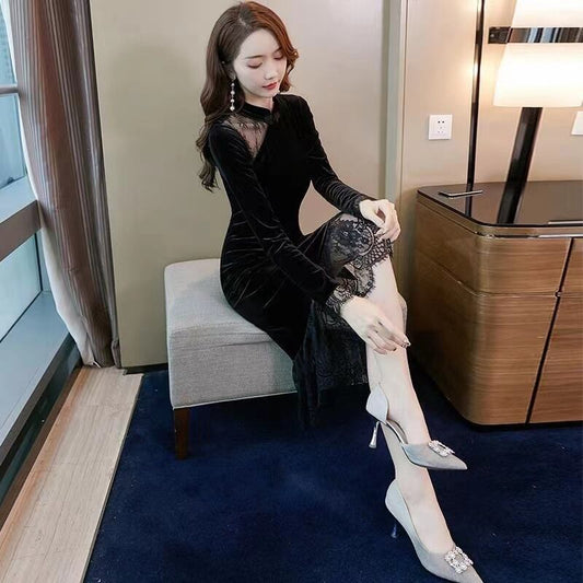 【dress】一目惚れ！長袖レース切り替え韓国ファッションOL通勤マーメイド無地ワンピースF1551