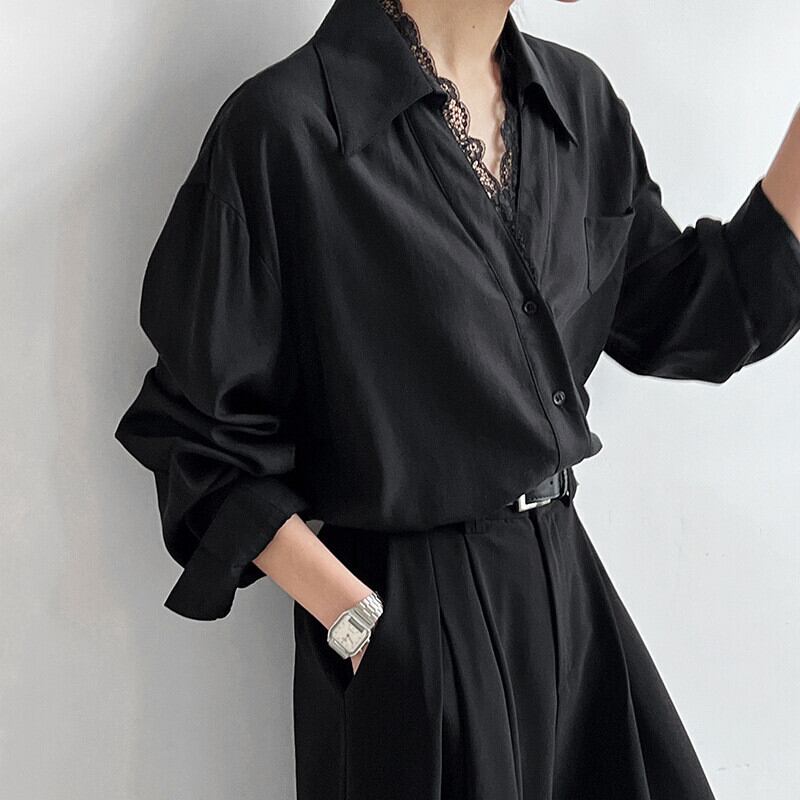 【tops】レース切り替えシャツブラウス　M29946