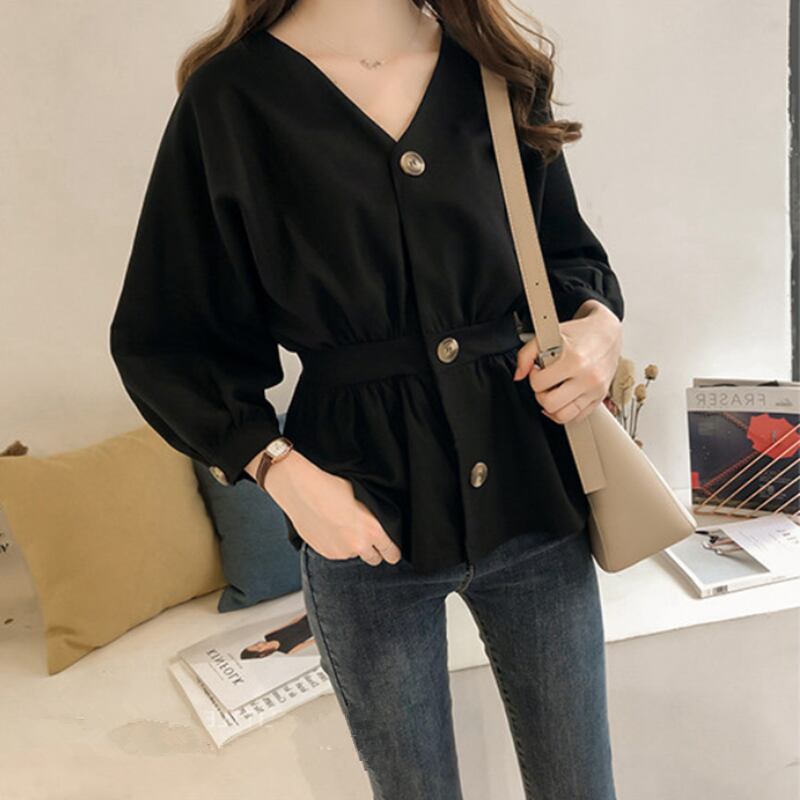 【tops】好感度満載!Vネック長袖ギャザーウェスト絞り無地ブラウス