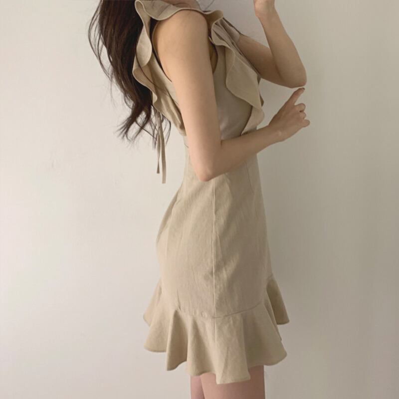 【dress】韓国風好感度UP!気質満点レトロフリル着痩せマーメイドワンピース G0127