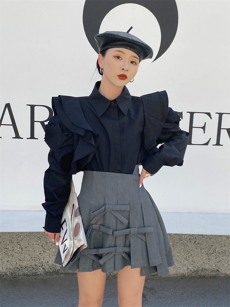 【tops】POLOネック長袖パフ袖ブラウスF7056