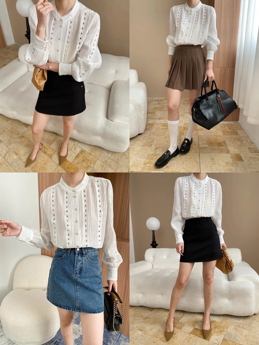 【tops】カットワーク刺繍シャツブラウス　M29960