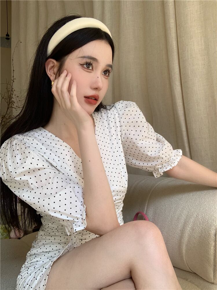 【dress】Vネックパフスリーブギャザーワンピース G21271