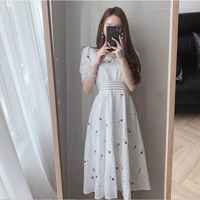 【dress】気質スウィート刺繍着痩せスクエアネック透かし彫りパフスリーブ花柄配色ワンピースF0035