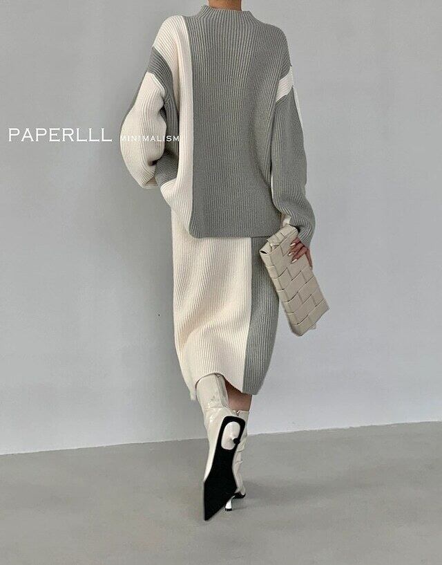 【set】ハイネックセーター+スカート配色２点セット F6295