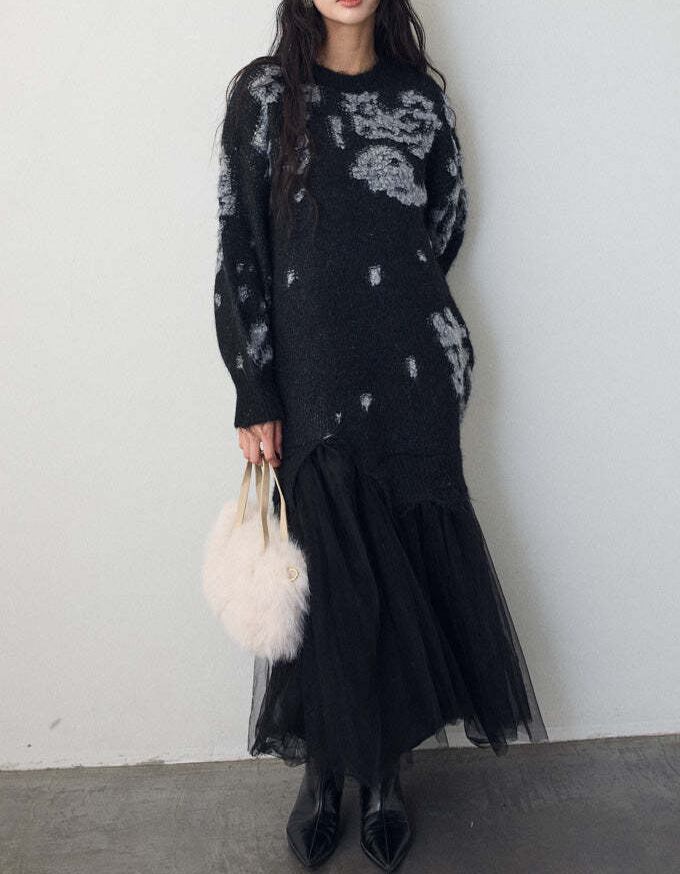 【dress】チュールドッキングロングニットワンピース Q7839