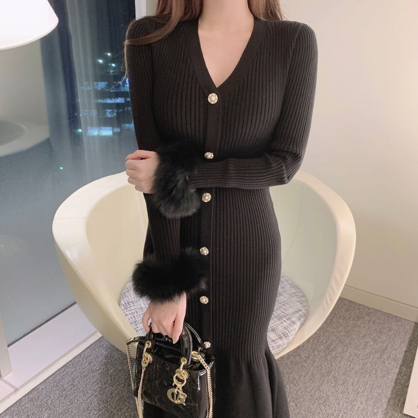 【dress】袖ファー マーメイドニットワンピース　M26156