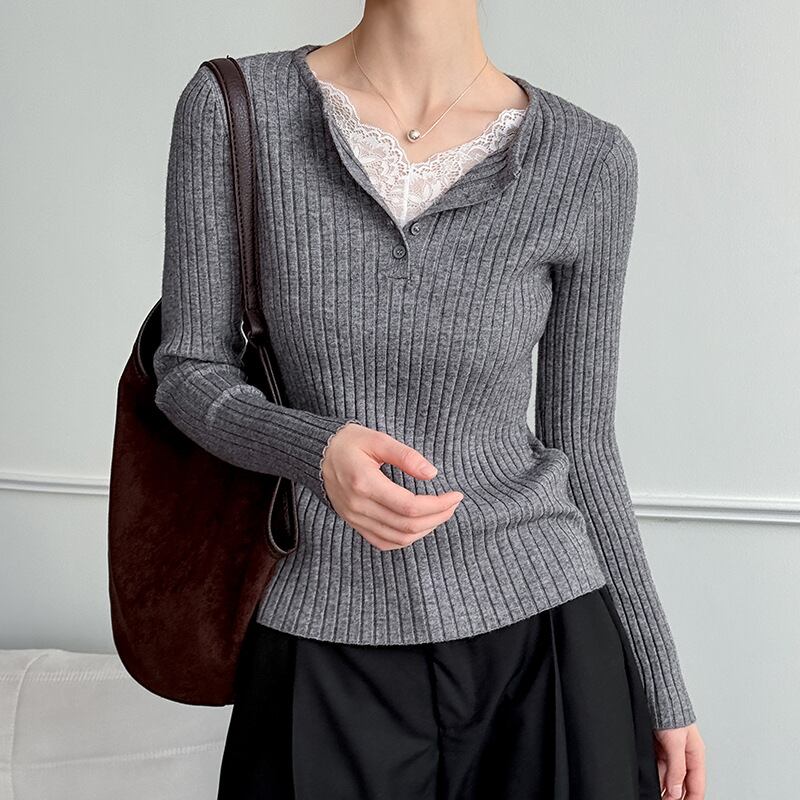 【tops】レースドッキングニットトップス Q6969
