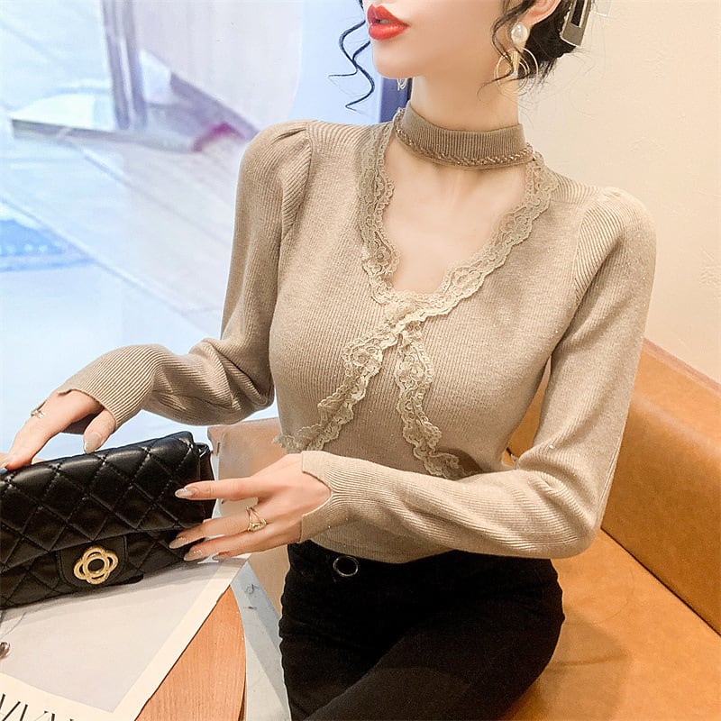 【tops】ビジューレース切り替えニットトップス　M27732