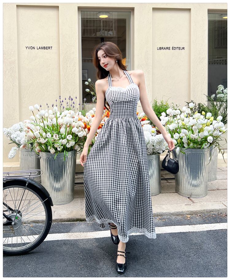 【dress】レース切り替えホルターネックワンピース　M29995