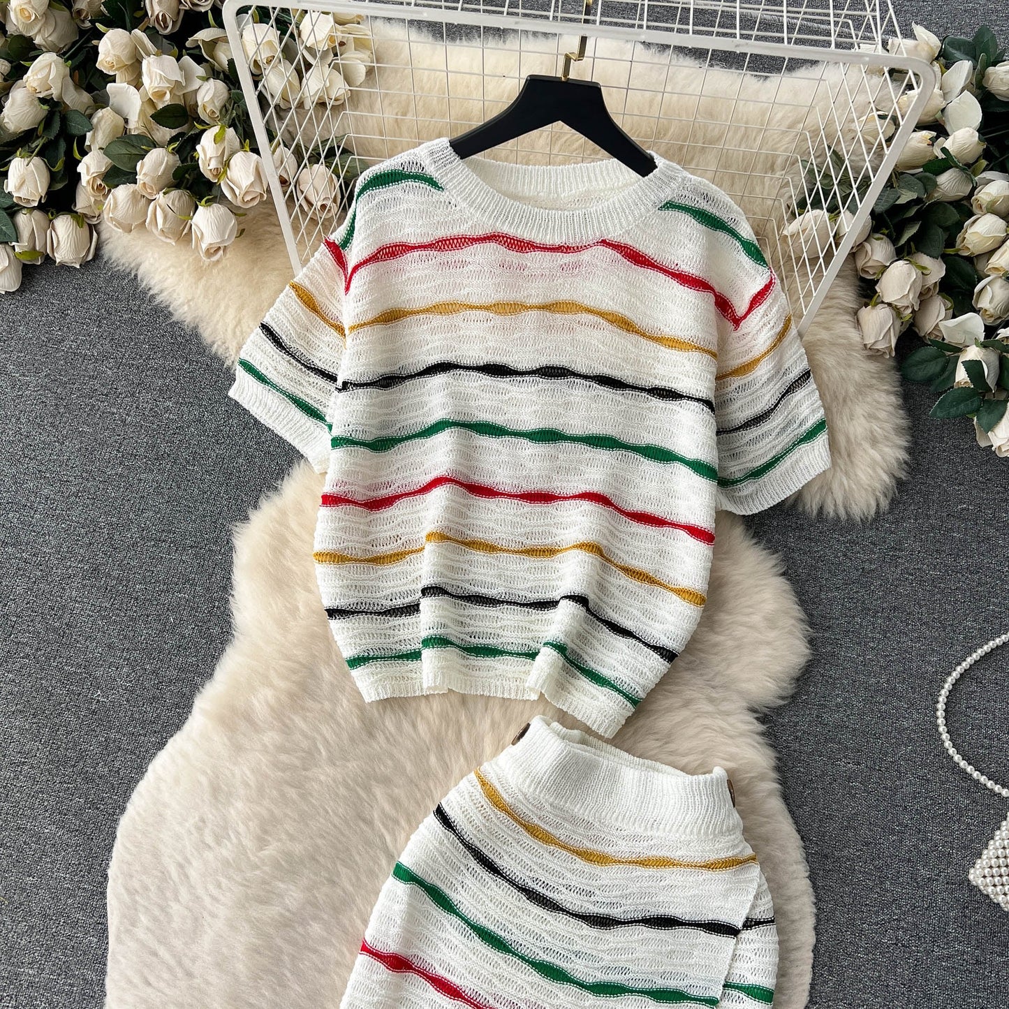 【set】ストライプ柄ニットトップス+スカート２点セットG20661