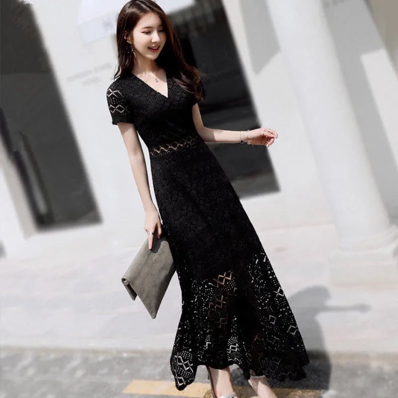 【dress】今季トレンドレース着痩せハイウエストAライン透かし彫り無地ワンピースF0117