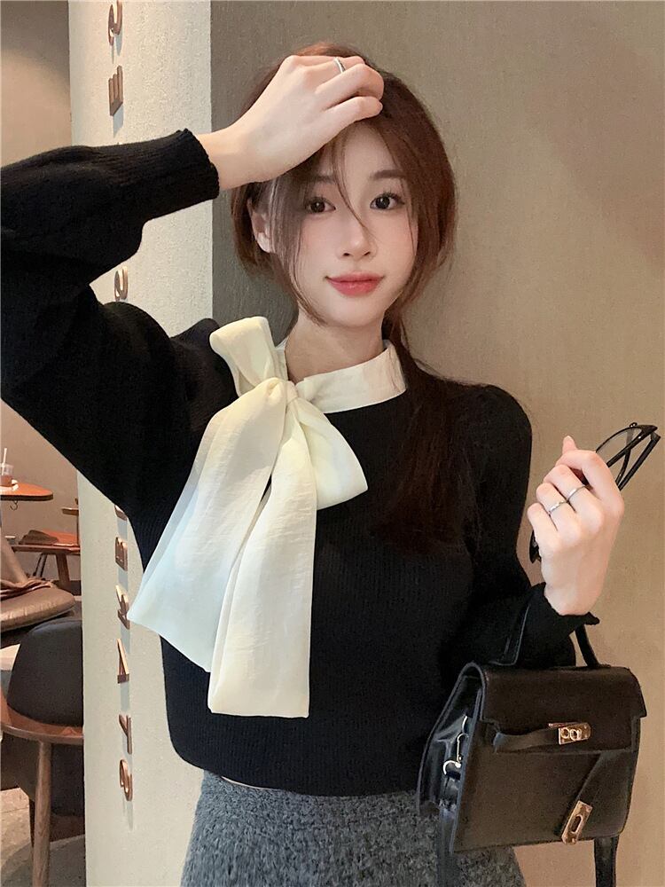 【tops】リボン付きニットトップス　M27367